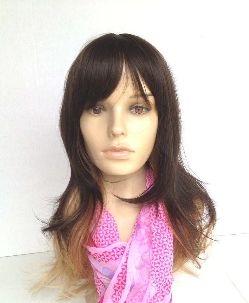 20" Wig Ombre Dark Brown/Chestnut/Blonde Fire Flame Retardant Kanekalon Hair Fiber