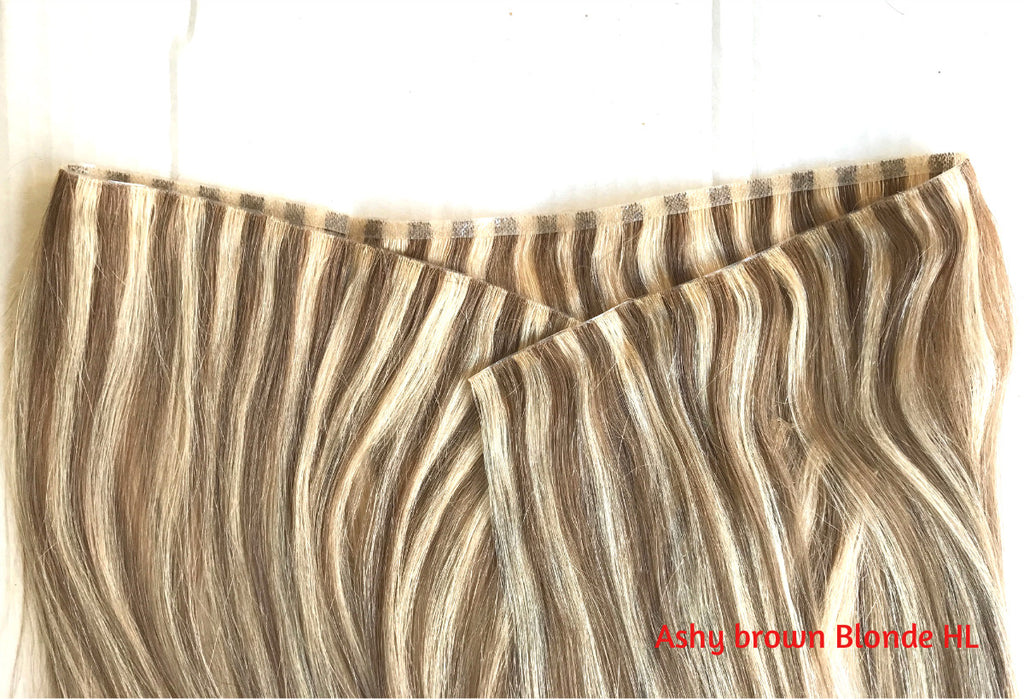 skin weft ashy brown with bleach blonde highlights