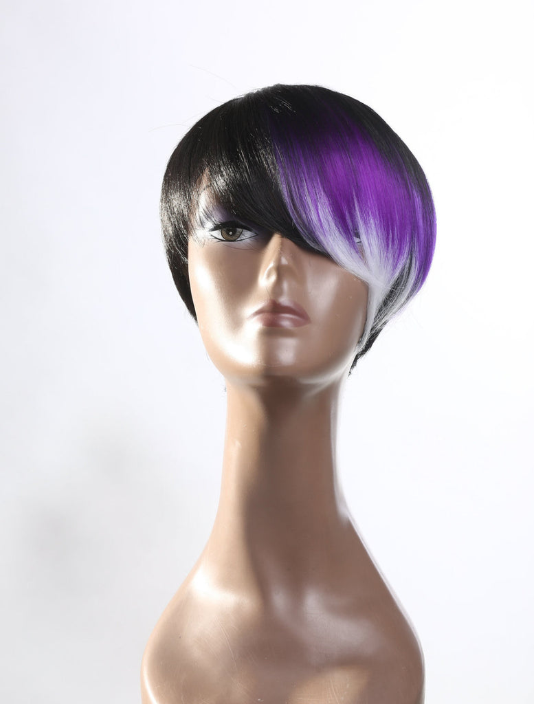 Short fashion color block wig purple gray